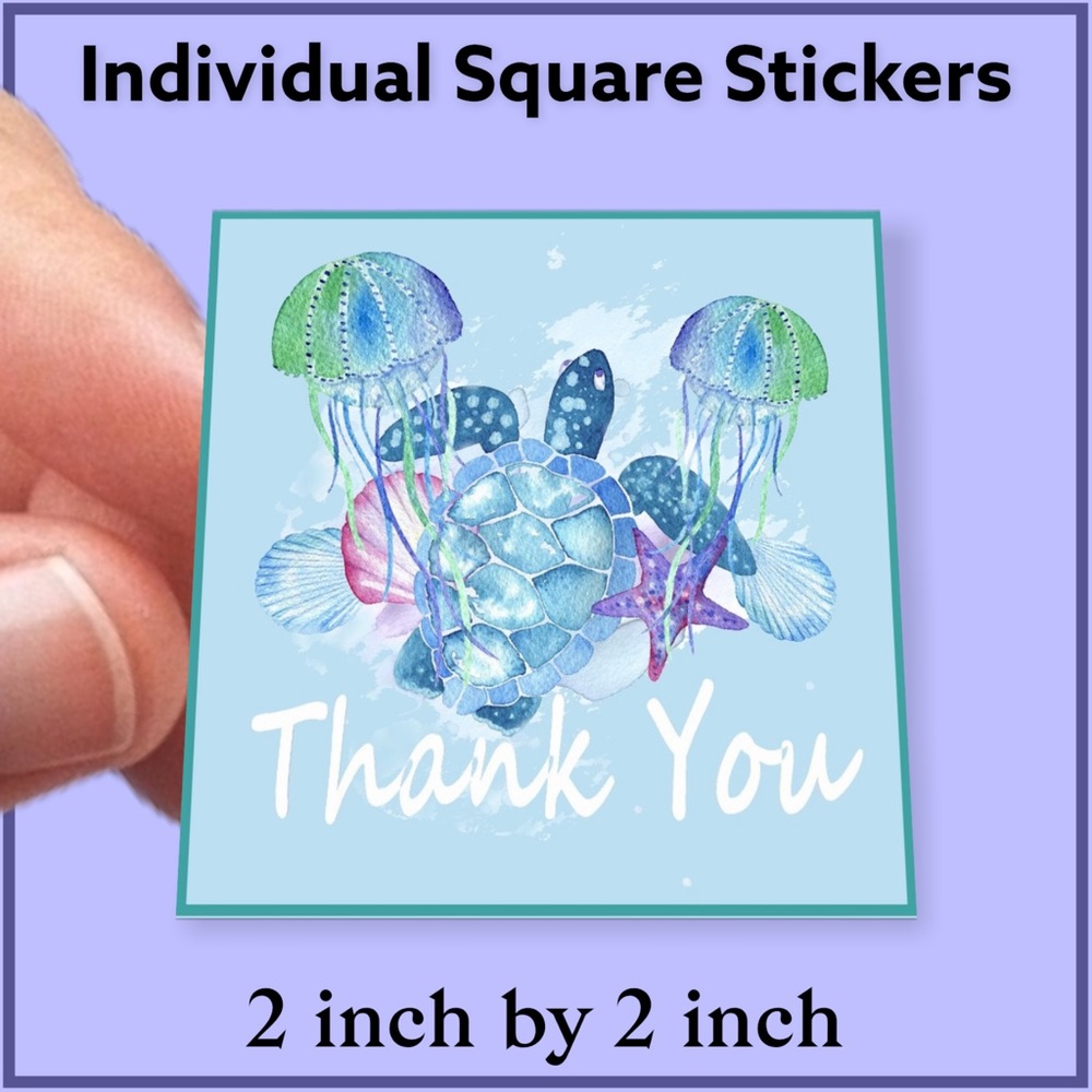 200 (2x2 Inch) Square Stickers, Sea Turtle & Jellyfish High Gloss, Thank… - Picture 2 of 3